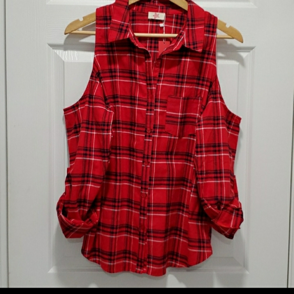 Plaid cold shoulder top